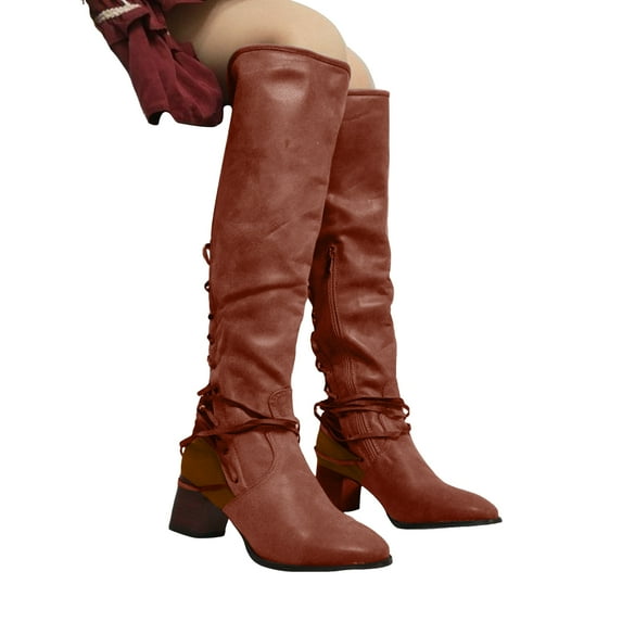 Rokment Wide Calf over The Knee Cowboy Boots for Women Vintage Patchwork Strappy Leather Pointed Toe Chunky Block High Heel Thigh High Cowgirl Riding Tall Boots Coffee Size 8.5