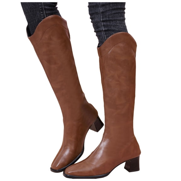 Rokment Wide Calf Knee High Boots for Women with Back Zipper Fashion Casual Leather Square Toe Block Mid Heel Long Tall Dress Boots Winter Spring Brown Size 7