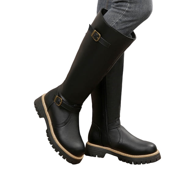 Rokment Wide Calf Knee High Motorcycle Riding Boots for Women 2026 Fashion Casual Buckles Leather Platform Chunky Heels Mid-Calf Long Tall Booties Fall Winter