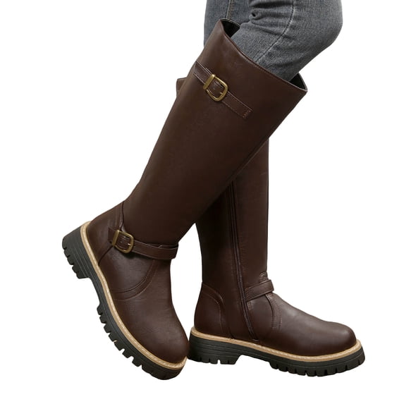 Rokment Wide Calf Knee High Motorcycle Riding Boots for Women 2026 Fashion Casual Buckles Leather Platform Chunky Heels Mid-Calf Long Tall Booties Fall Winter