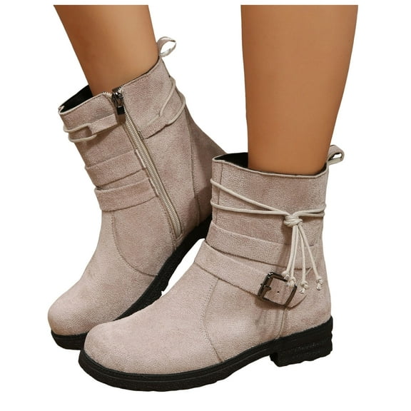 Rokment Wide Mid Calf Combat Boots for Women 2025 Winter Fall Vintage Buckles Suede Low Heel Casual Ankle Booties Beige Size 9