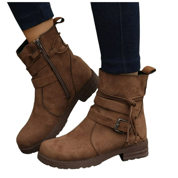 Rokment Wide Mid Calf Combat Boots for Women 2025 Winter Fall Vintage Buckles Suede Low Heel Casual Ankle Booties Brown Size 6.5