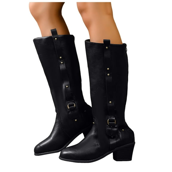 Rokment Wide Mid Calf Riding Cowboy Boots for Women Vintage Buckles Studded Leather Pointed Toe Chunky Heel Knee High Work Tall Boots Black Size 7