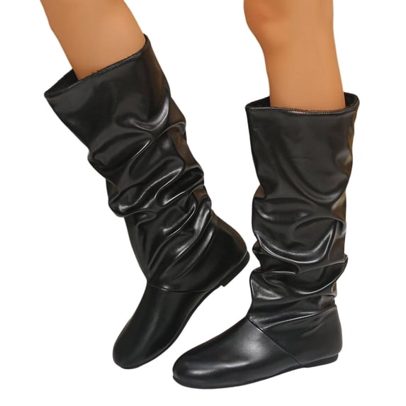 Rokment Wide Mid Calf Slouchy Boots for Women Fashion Ruched Soft Leather Round Toe Low Heels Mid-Calf Tall Dress Boots Fall Winter