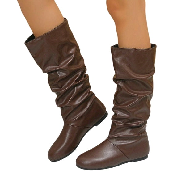 Rokment Wide Mid Calf Slouchy Boots for Women Fashion Ruched Soft Leather Round Toe Low Heels Mid-Calf Tall Dress Boots Fall Winter