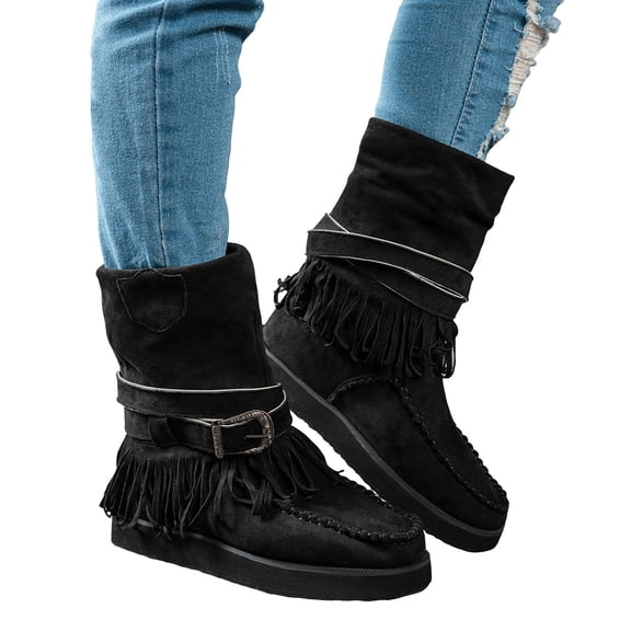Rokment Wide Mid Calf Winter Snow Boots for Women Ethnic Boho Fringe Buckles Fringe Fleece Lined Warm Suede Platform Low Heel Fold over Tall Boots Black Size 6