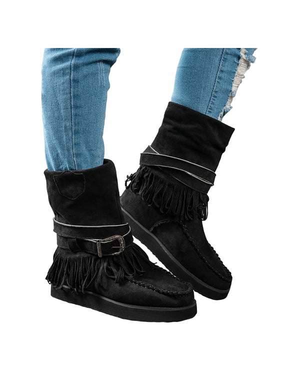 Wide Mid Calf Winter Snow Boots for Women Ethnic Boho Fringe Buckles Fringe Fleece Lined Warm Suede Platform Low Heel Fold over Tall Boots Black Size 6