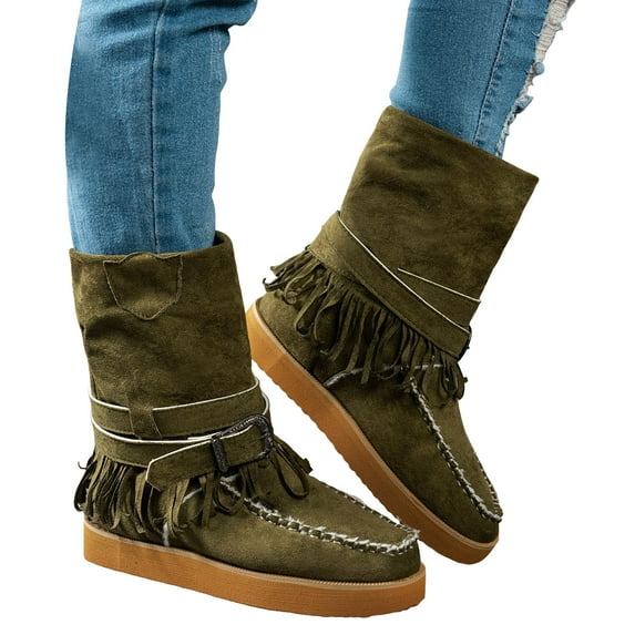Rokment Wide Mid Calf Winter Snow Boots for Women Ethnic Boho Fringe Buckles Fringe Fleece Lined Warm Suede Platform Low Heel Fold over Tall Boots Green Size 6