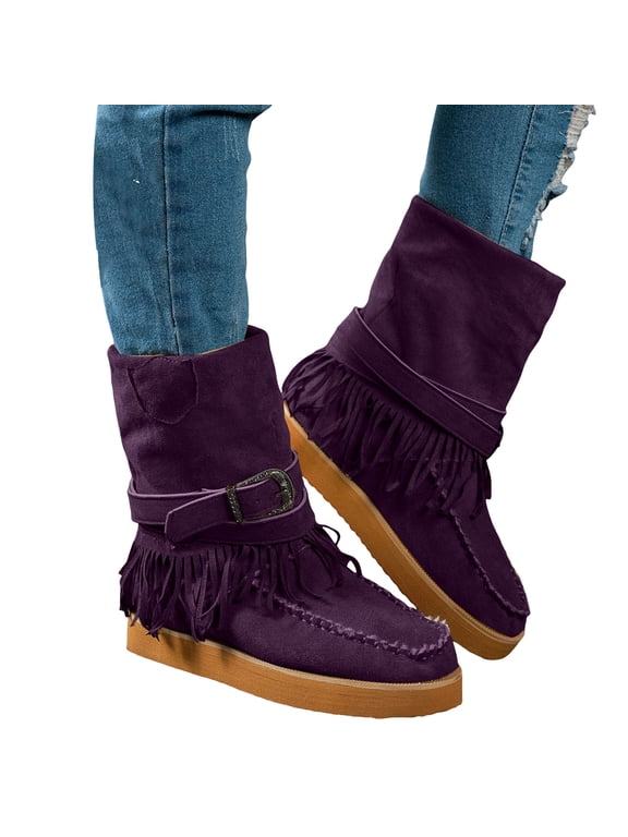 Wide Mid Calf Winter Snow Boots for Women Ethnic Boho Fringe Buckles Fringe Fleece Lined Warm Suede Platform Low Heel Fold over Tall Boots Purple Size 7.5