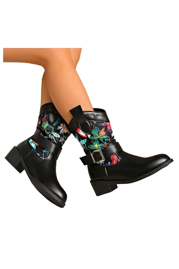Winter Fall Flower Wide Calf Cowboy Boots for Women 2025 Black Leather Vintage Floral Buckles Mid Calf Cowgirl Booties