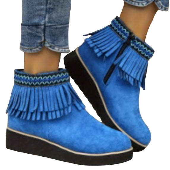 Rokment Winter Fall Platform Wedge Fringe Ankle Booties for Women Ethnic Boho Suede Mid Heel Dress Booties