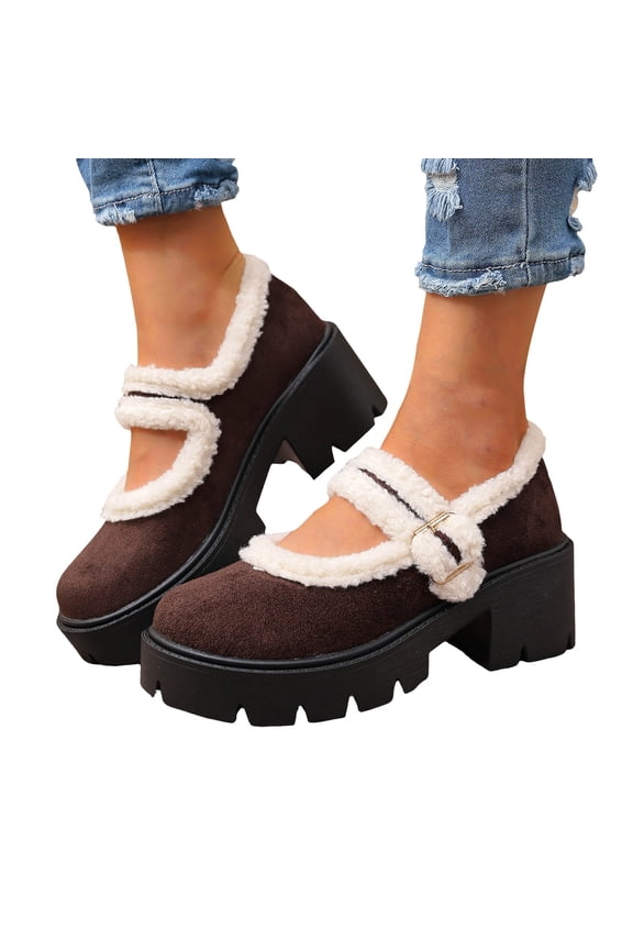 Winter Snow Boots for Women with Fleece Lined Vintage Warm Fuzzy Platform Chunky High Heel Mary Jane Shoes Casual Ballet Dress Ankle Booties Brown Size 7