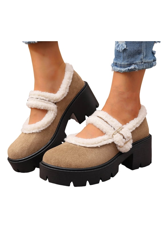 Winter Snow Boots for Women with Fleece Lined Vintage Warm Fuzzy Platform Chunky High Heel Mary Jane Shoes Casual Ballet Dress Ankle Booties Khaki Size 9