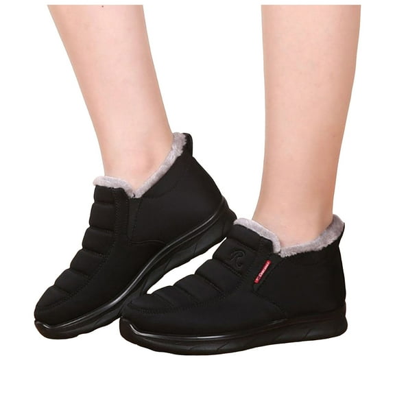 Rokment Winter Snow Boots for Older Women Mother Mom Lightweight Thermal Fleece Lined Non Slip Walking Work Slip on Ankle Booties Black Size 8