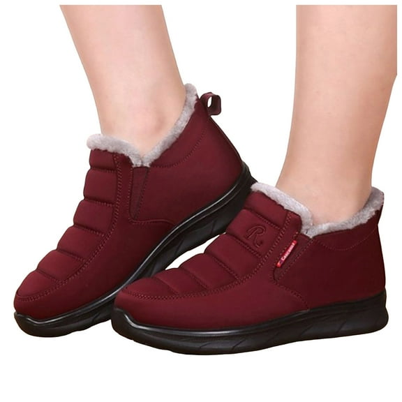 Rokment Winter Snow Boots for Older Women Mother Mom Lightweight Thermal Fleece Lined Non Slip Walking Work Slip on Ankle Booties Red Size 6