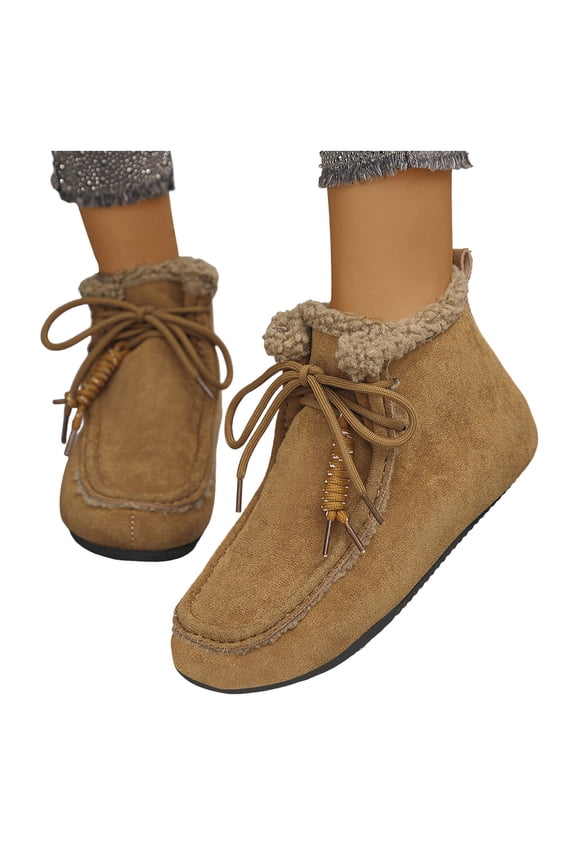 Winter Snow Boots for Women with Fleece Lined Warm Fashion Casual Suede Flat No Heel Walking Ankle Booties Brown Size 9