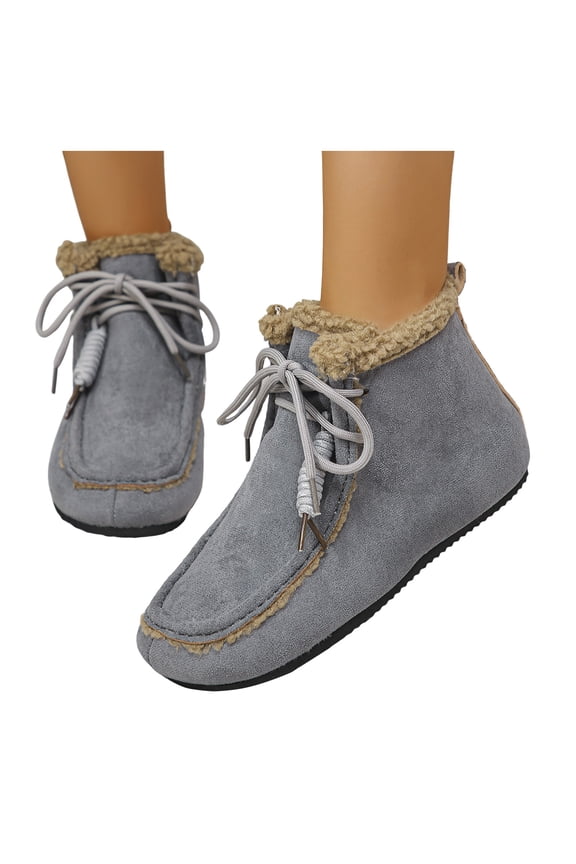 Winter Snow Boots for Women with Fleece Lined Warm Fashion Casual Suede Flat No Heel Walking Ankle Booties Grey Size 7.5