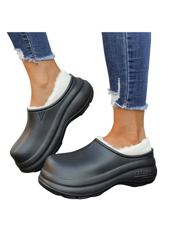 Women Men Winter Warm Fleece Lined Platform Clog Mules Non Slip Waterproof Garden Shoes Comfortable Lightweight Slip on Walking Slippers for Indoor Outdoor Work Nursing