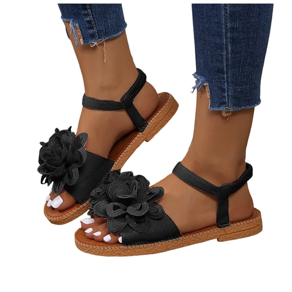 Rokment Women's 3D Lace Flower Flat Dress Sandals Boho Beach Summer Fashion Casual Low Heels Elastic Strap Slingback Walking Sandals for Comfortable Vacation Black Size 9.5