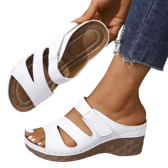Rokment Women's Arch Support Orthopedic Wedges Sandals Comfortable Leather Platform High Heels Dressy Slip on Fashion Casual Summer Walking Slides Slippers Adjustable White Size 6