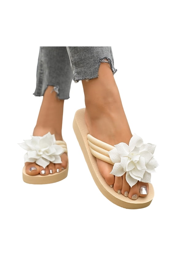 Women's Beach Platform Flip Flops Bohemian Flower Lace Bow Memory Foam Dress Slip on Sandals Bride Wedding Casual Flat Thongs Slides Summer Slippers White Size 8