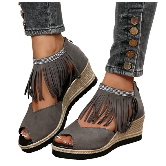 Rokment Women's Bling Rhinestones Fringe Platform Wedge Sandals Boho Beach Summer Fall Suede Peep Toe Espadrilles Chunky High Heels Dress Shoes Grey Size 8.5