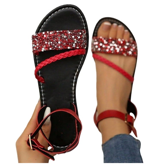 Rokment Women's Bling Sequin Flat Dressy Sandals Metallic Glitter Braided Leather Open Toe Ankle Strap Low Heels Comfortable Walking Summer Shoes Beach Red Size 9