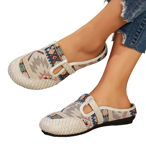 Rokment Women's Bohemian Ethnic Mules Dress Slides Sandals Beach Summer Vintage Casual Closed Toe Wedge Low Heels Comfortable Walking Half Slippers Clogs for Wide Width White Size 8