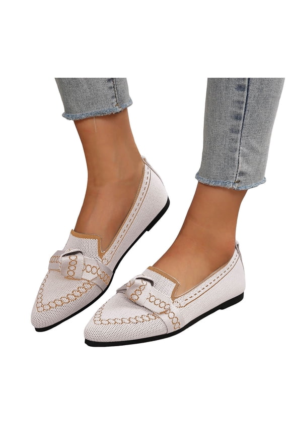 Women's Bow Ballet Flat Dressy Shoes 2026 Spring Knit Breathable Classic Pointed Toe Bowknot Low Heel Slip on Walking Dress Loafers for Ladies White Size 8