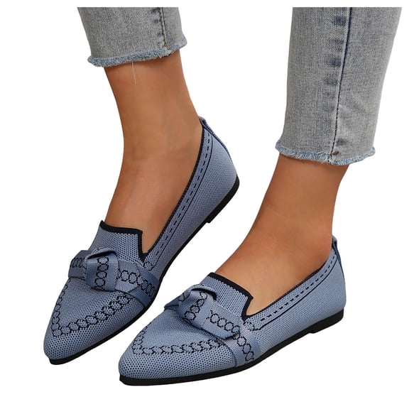 Rokment Women's Bow Ballet Flat Dressy Shoes 2026 Spring Knit Breathable Classic Pointed Toe Bowknot Low Heel Slip on Walking Dress Loafers for Ladies Blue Size 9.5