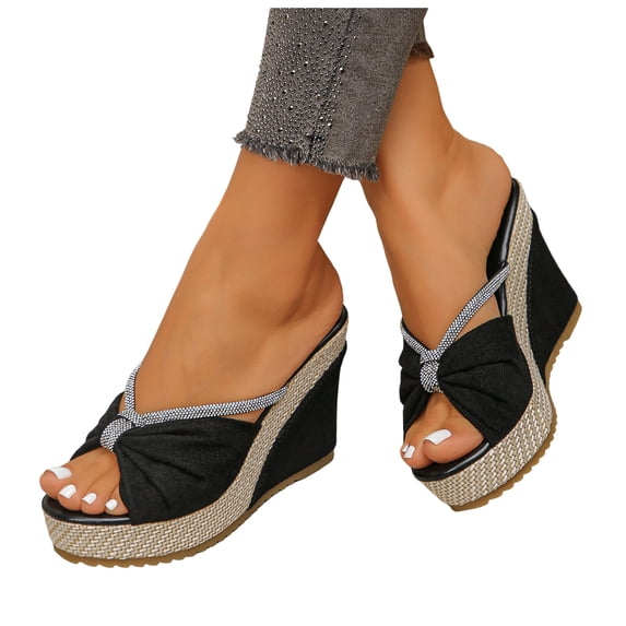 Rokment Women's Bow Platform Wedge High Heels Dressy Slip on Sandals Fashion Casual Bowknot Espadrilles Ultra Chunky Heeled Dress Slides Summer Shoes for Bride Wedding Black Size 8