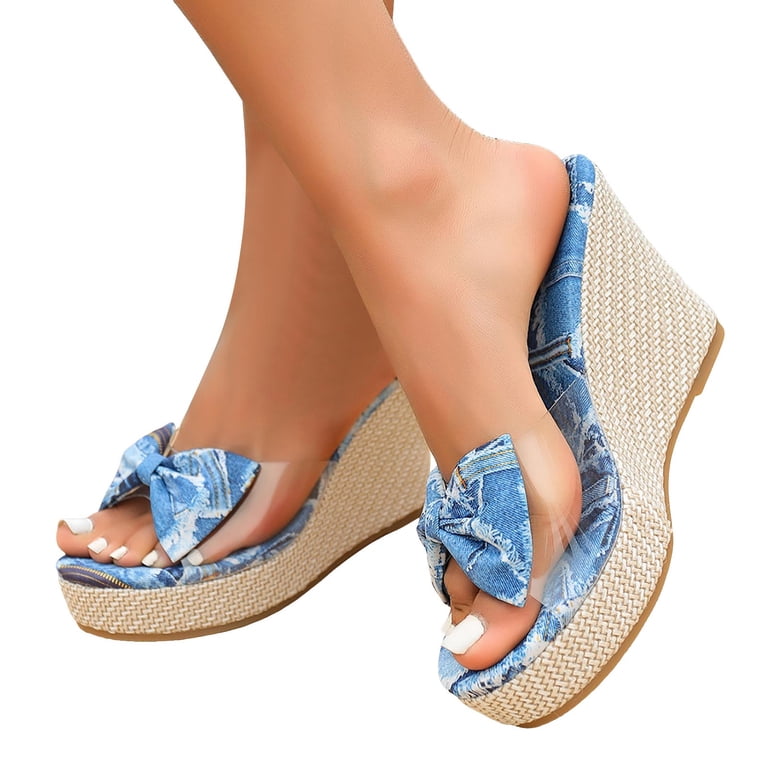 denim dress sandals Rokment Women's Bow Polka Dot Wedge Heeled Backless Fashion Casual Clear Platform Chunky High Heels Slip on Slippers for Bride Wedding Beach Vacation Summer Blue Size 8 wc22/6/26 Mini Dress with Bubble Colors:Wine Gold keyhole opening at back Blue denim