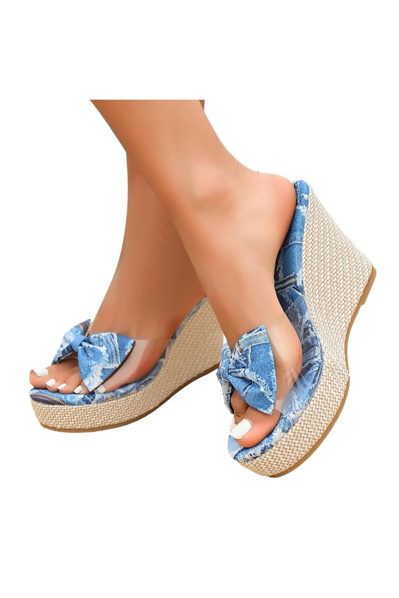 Women's Bow Polka Dot Denim Wedge Heeled Backless Dress Sandals Fashion Casual Clear Platform Chunky High Heels Slip on Slippers for Bride Wedding Beach Vacation Summer Blue Size 9.5