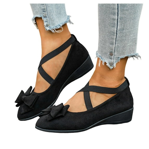 Rokment Women's Bow Wedge Strappy Ballet Flat for Ladies 2026 Spring Fall Suede Fashion Casual Pointed Toe Low Heel Slip on Dress Shoes A Size 6
