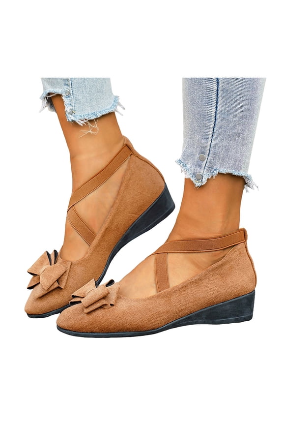 Women's Bow Wedge Strappy Ballet Flat for Ladies 2026 Spring Fall Suede Fashion Casual Pointed Toe Low Heel Slip on Dress Shoes B Size 8