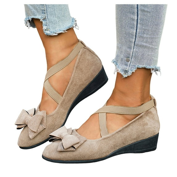 Rokment Women's Bow Wedge Strappy Ballet Flat for Ladies 2026 Spring Fall Suede Fashion Casual Pointed Toe Low Heel Slip on Dress Shoes C Size 9.5
