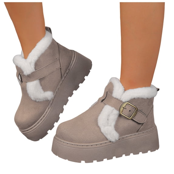 Rokment Women's Buckle Fuzzy Snow Boots Platform Chunky Sole Slip‑On Fleece Lined Suede Ankle Booties Warm Winter Casual Short Shoes for Ladies