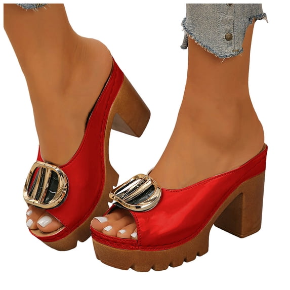 Rokment Women's Buckles Platform Dressy Slides Sandals 2026 Ladies Fashion Casual Leather Peep Toe Slip on Chunky Block High Heels Half Slippers Mules Red Size 8.5