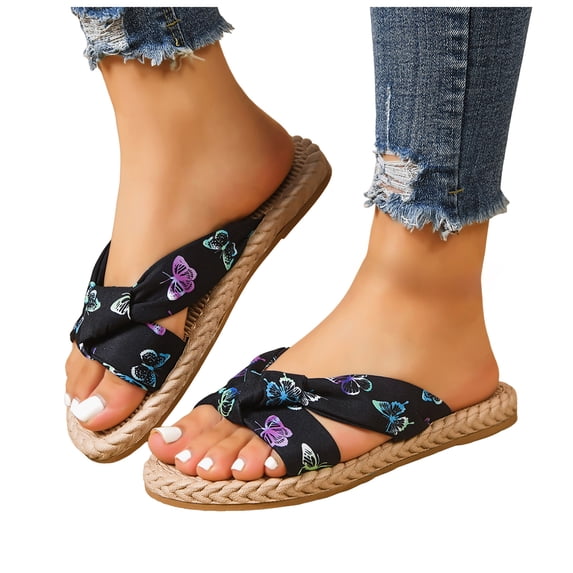 Rokment Women's Butterfly Beach Slides Sandals 2026 Summer Bohemian Comfortable Casual Waterproof Straw Footbed Platform Walking Dress Slip on Slippers for Indoor Outdoor C Size 8.5