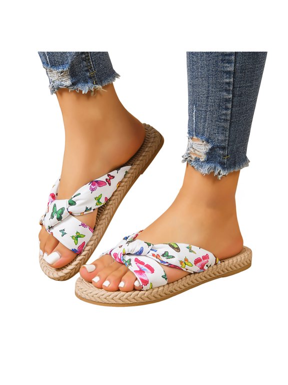 Women's Butterfly Beach Slides Sandals 2026 Summer Bohemian Comfortable Casual Waterproof Straw Footbed Platform Walking Dress Slip on Slippers for Indoor Outdoor B Size 8