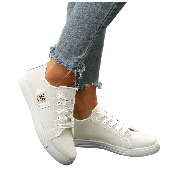 Rokment Women's Canvas Low Top Fashion Sneakers Vintage Classic Denim Walking Flat Stylish Casual Walking Skate Tennis Shoes White Size 7.5