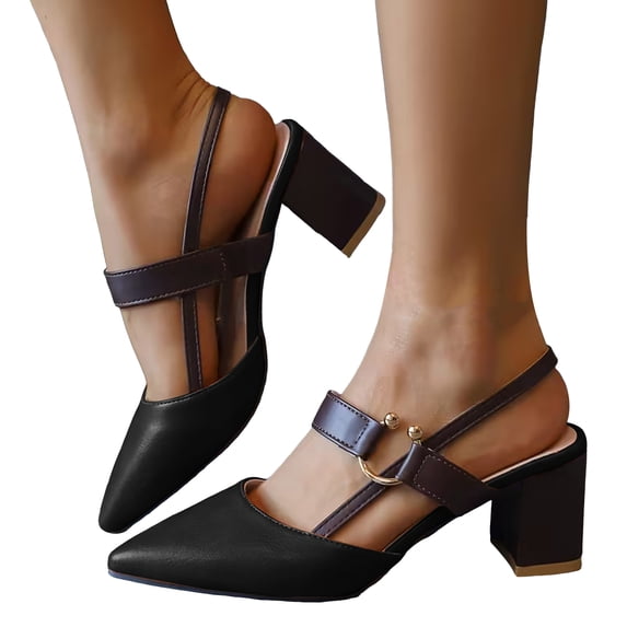 Rokment Women's Chunky Block High Heels Slingback Dressy Sandals for Ladies 2026 Trendy Color Block Leather Pointed Toe Formal Pumps Business Office Dress Heeled Sandals Black Size 7