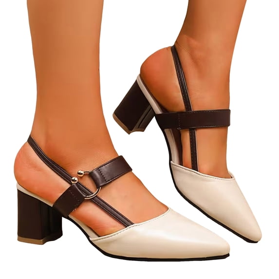 Rokment Women's Chunky Block High Heels Slingback Dressy Sandals for Ladies 2026 Trendy Color Block Leather Pointed Toe Formal Pumps Business Office Dress Heeled Sandals Beige Size 9.5