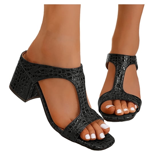 Rokment Women's Chunky Block Mid Heels Slip on Dressy Sandals for Ladies Fashion Casual Faux Snakeskin Leather Square Open Toe Dress Slides Pumps Summer 2026 Black Size 6