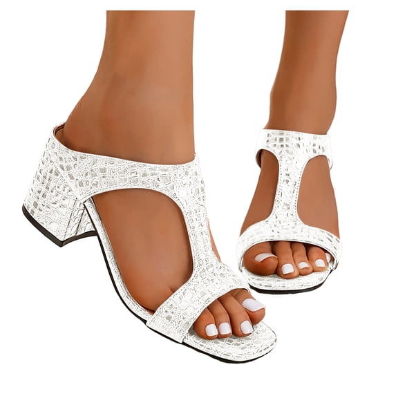 Rokment Women's Chunky Block Mid Heels Slip on Dressy Sandals for Ladies Fashion Casual Faux Snakeskin Leather Square Open Toe Dress Slides Pumps Summer 2026 White Size 7.5