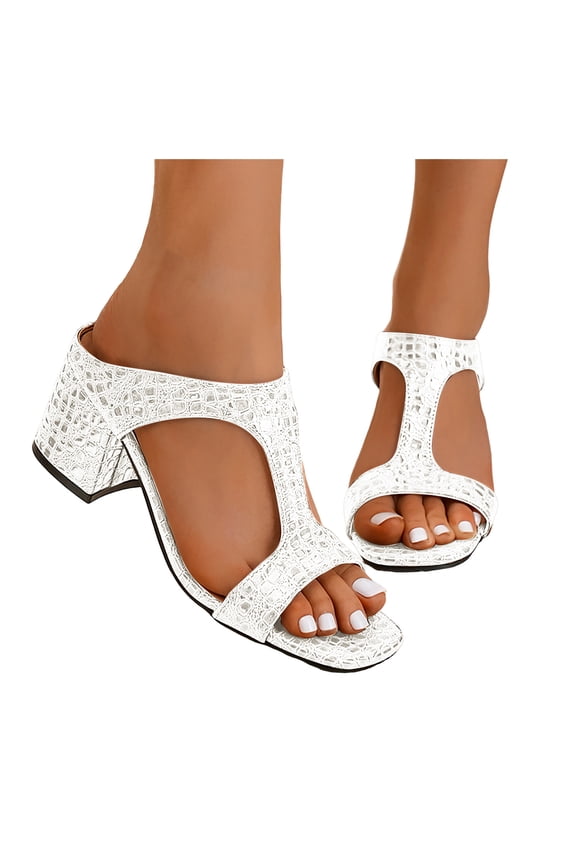 Women's Chunky Block Mid Heels Slip on Dressy Sandals for Ladies Fashion Casual Faux Snakeskin Leather Square Open Toe Dress Slides Pumps Summer 2026 White Size 6.5
