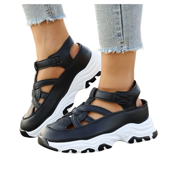 Rokment Women's Chunky Platform Gladiator Walking Sandals Fashion Casual Leather Closed Toe Height Increasing Wedge Non Slip Sneakers Work Shoes for Spring Summer Fall Black Size 6
