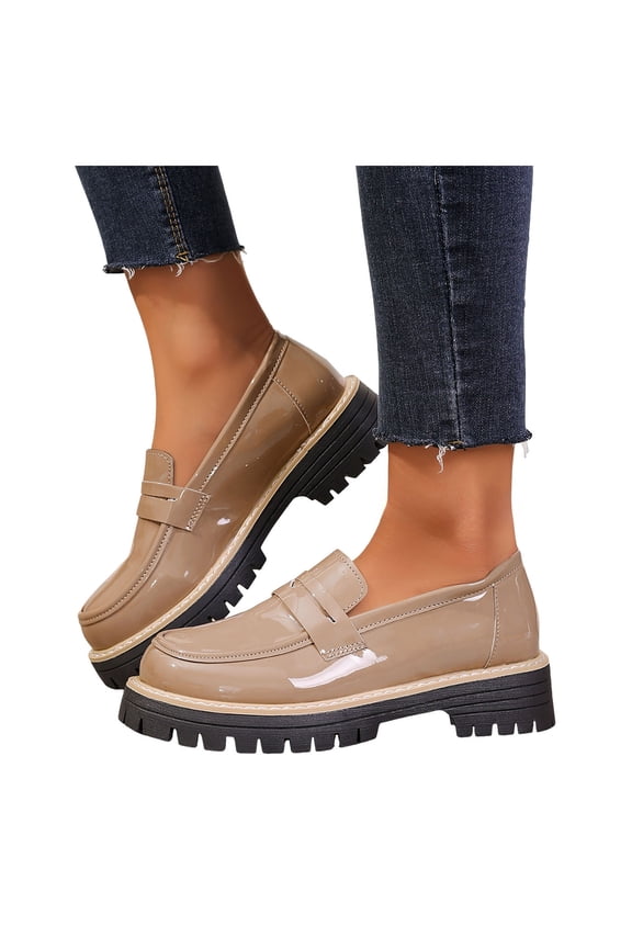 Women's Classic Leather Platform Oxfords Slip on Penny Loafers 2026 Spring Fall Fashion Casual Solid Color Chunky Lug Sole Mid Heel Walking Dress Shoes Khaki Size 6