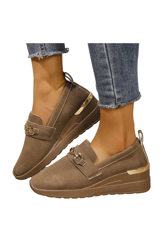 Women's Classic Platform Wedge Slip on Penny Loafers Spring Fall Fashion Casual Suede Chunky High Heels Walking Oxfords Non-Slip Work Sneakers for Woman Brown Size 6.5