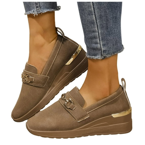 Rokment Women's Classic Platform Wedge Slip on Penny Loafers Spring Fall Fashion Casual Suede Chunky High Heels Walking Oxfords Non-Slip Work Sneakers for Woman Brown Size 6.5